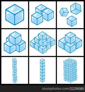 Ice cube icon set. Cartoon freeze blocks collection. Simple Vector illustration isolated on white background.