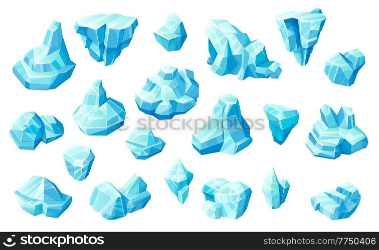 Ice cubes and crystals, blue frozen blocks game asset. Cartoon icicles, iceberg, magic stones, vector iced floes, salt mineral or cave stalagmites. Cap snowdrifts, winter ice or glass set. Ice cubes and crystals, blue ice blocks game asset