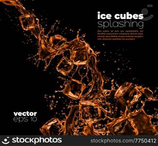 Ice cubes falling to whiskey, cognac or rum, bourbon or brandy alcohol beverage. Vector background. Realistic ice cubes splashing in pouring flow of whiskey drink with drops and sparkling wave. Ice cubes falling to whiskey, cognac rum, bourbon
