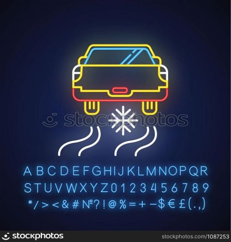 Ice driving neon light icon. Winter extreme sport, risky activity and adventure. Cold season outdoor dangerous leisure. Glowing sign with alphabet, numbers and symbols. Vector isolated illustration