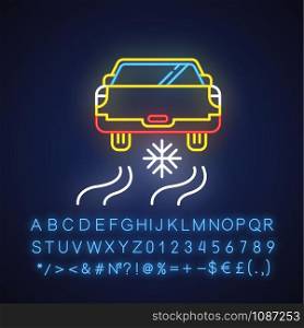 Ice driving neon light icon. Winter extreme sport, risky activity and adventure. Cold season outdoor dangerous leisure. Glowing sign with alphabet, numbers and symbols. Vector isolated illustration