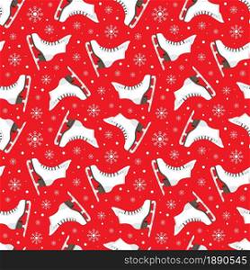 Ice figure skate shoes and snowflakes flat design on red background seamless pattern. Vector illustration.