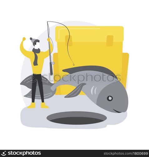 Ice fishing abstract concept vector illustration. Winter outdoor activities, ice fishing tools, equipment shop online, fisherman advice, catching, frozen lake, travel and hobby abstract metaphor.. Ice fishing abstract concept vector illustration.