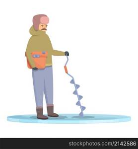 Ice fishing drill icon cartoon vector. Winter fish. Man net. Ice fishing drill icon cartoon vector. Winter fish