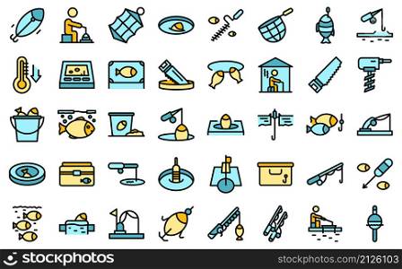 Ice fishing icons set outline vector. Winter frozen. Polar lake. Ice fishing icons set vector flat