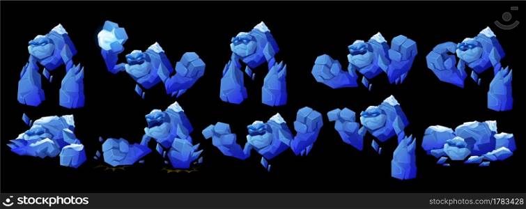 Ice golem character in different poses isolated on black background. Vector cartoon set of big crystal giant angry, sad and sleeps. Fantasy monster from frozen water or glass with big fists. Ice golem character in different poses