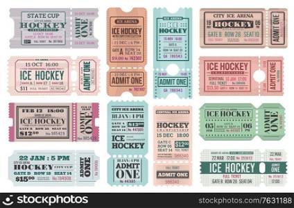 Ice hockey admit tickets, sport game tournament and championship cup, vector retro cards templates. Ice hockey paper or cardboard admit tickets with control cut, date and seat. Ice hockey admit tickets, sport game tournament