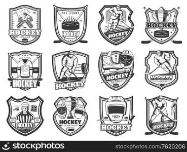 Ice hockey championship match icons, winter sport game cup tournament and league club badges. Vector emblems with ice hockey player in helmet with hockey stick and puck, skates and referee whistle. Ice hockey sport tournament, team league badges