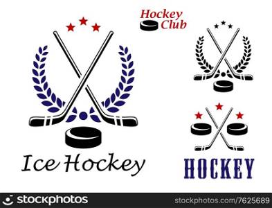 Ice hockey emblems and icons with puck, stars, stick and laurel wreath over text - Ice Hockey for sports design