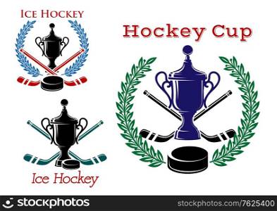 Ice hockey emblems and symbols with laurel wreaths, puck, sticks and sports trophy