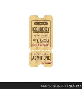 Ice hockey first league championship isolated retro ticket template. Vector admit one on ice arena, vintage ticket with cutting line, admit one. Winter sport tournament invitation card, date and seat. Ticket ice hockey tournament championship isolated