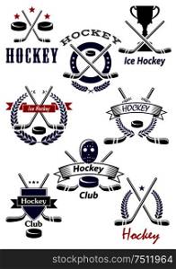 Ice hockey game and club emblems with hockey pucks, crossed sticks, trophy and goalie mask with stars, heraldic shield, wreaths and ribbon banners. Ice hockey game and club symbols