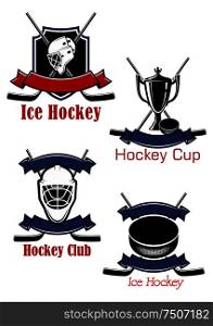 Ice hockey game icons and symbols with crossed sticks, pucks, goalie masks, trophy cup framed by heraldic shield and ribbon banners. Ice hockey game icons and symbols