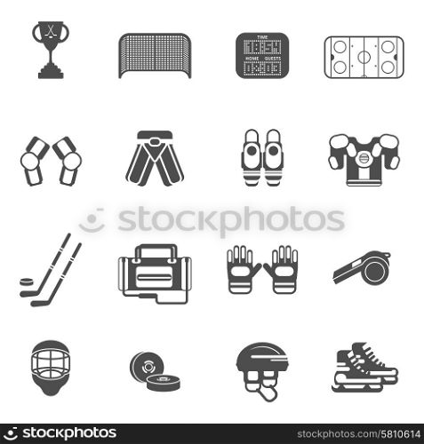 Ice Hockey Icons Set . Ice hockey black white icons set with gates uniform and cup flat isolated vector illustration