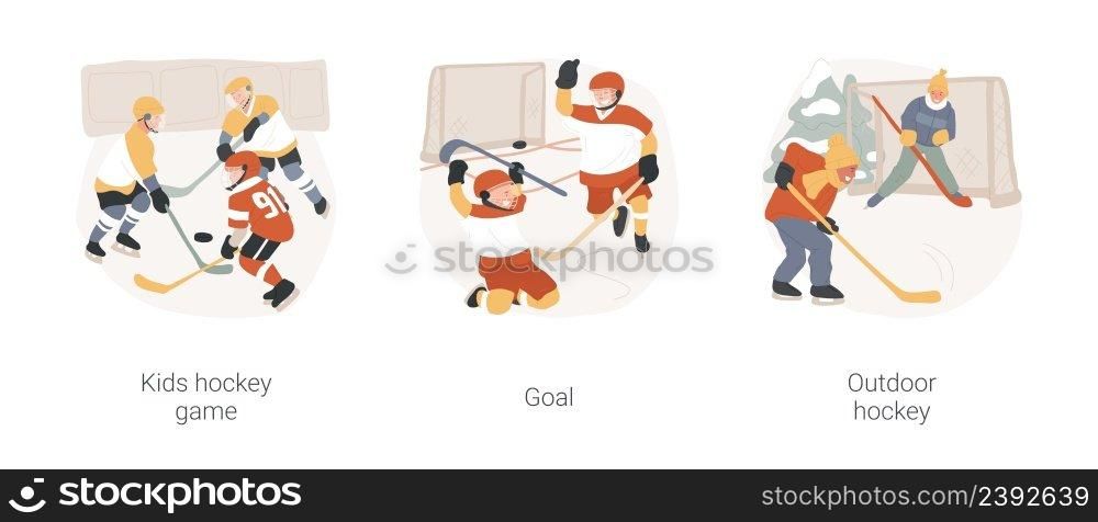 Ice hockey isolated cartoon vector illustration set. Kids hockey tournament, children playing indoors, wearing uniform, scored the puck, happy with goal, outdoor rink, casual game vector cartoon.. Ice hockey isolated cartoon vector illustration set.