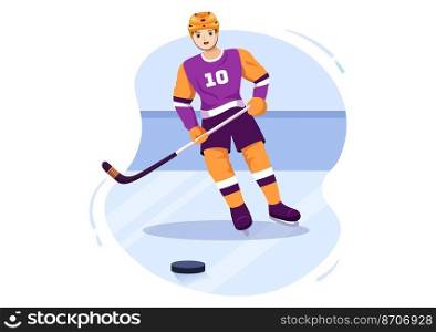 Ice Hockey Player Sport with Helmet, Stick, Puck and Skates in Ice Surface for Game or Ch&ionship in Flat Cartoon Hand Drawn Templates Illustration
