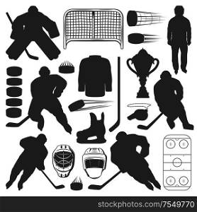 Ice hockey players and sport equipment isolated silhouettes. Vector winter sport game symbols, sticks and pucks, referee and gates. Male on skates, uniform helmets and trophy cup, goalkeeper. Ice hockey sport icons, game equipment, players