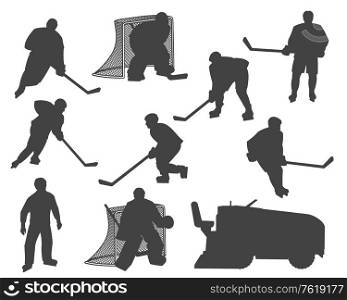 Ice hockey players silhouettes, ice rink arena resurfacer and referee, vector icons. Ice hockey team players goalkeeper, forward, winger and defenseman with puck and stick at goal gates. Ice hockey players silhouette, referee, resurfacer