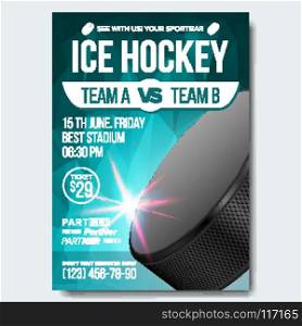 Ice Hockey Poster Vector. Banner Advertising. A4 Size. Sport Event Announcement. Winter Game, League Design. Snow. Layout. Ch&ionship Template Illustration. Ice Hockey Poster Vector. Sport Event Announcement. Vertical Banner Advertising. Professional League. Cold. Ice Game. Tournament Event Label Illustration