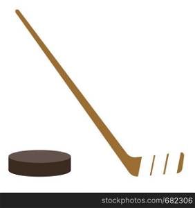 Ice hockey puck and hockey stick vector cartoon illustration isolated on white background.. Ice hockey puck and stick vector illustration.