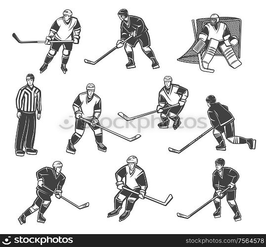 Ice hockey referee and players in motion, vector characters. Professional ice hockey sport team goalkeeper, forward and defender in professional hockey equipment, puck, stick and helmets. Ice hockey sport team players and referee