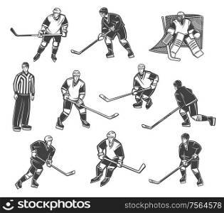 Ice hockey referee and players in motion, vector characters. Professional ice hockey sport team goalkeeper, forward and defender in professional hockey equipment, puck, stick and helmets. Ice hockey sport team players and referee