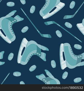 Ice hockey skaters, sticks and a washer flat design on blue background seamless pattern. Sport hockey equipment vector illustration.