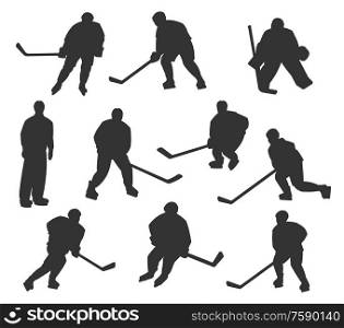 Ice hockey sport players vector silhouettes. Playing to ice hockey goalkeeper, forward, winger and defender players, referee with puck and stick in motion isolated on white background. Ice hockey players silhouettes set