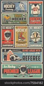 Ice hockey sport players with sticks, pucks, skates and championship trophy cup on rink vector design. Sport team uniform jersey, hockey arena and referee whistle, goalie helmet, mask and goal gate. Ice hockey sticks, pucks, sport player trophy cup