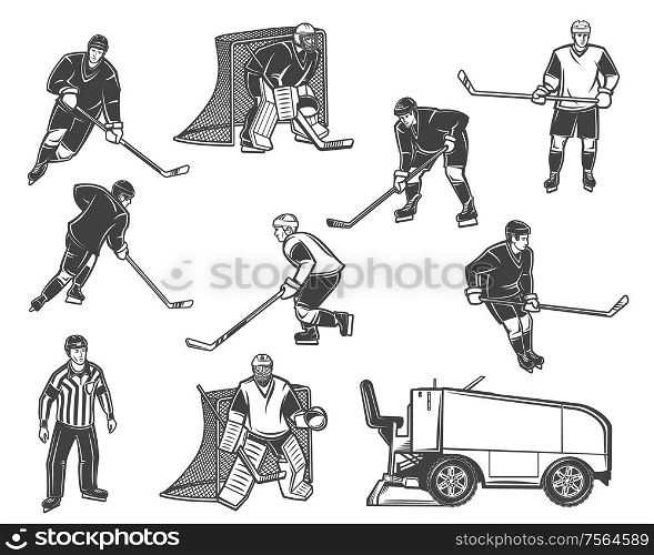 Ice hockey sport vector objects. Players and referee with pucks, sticks and skates, goalies, gates and uniform helmets, mask, goaltender gloves, leg and shoulder pads, ice rink machine. Ice hockey sport players, referee, equipment