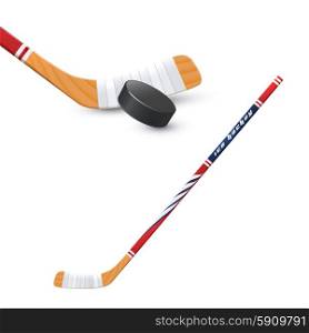 Ice hockey sport wooden stick and puck realistic vector illustration. Hockey Stick And Puck