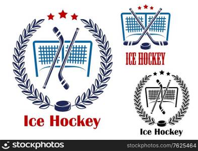 Ice hockey sporting emblems with hockey net, laurel wreath and crossed sticks