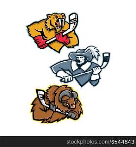 Ice Hockey Sports Mascot Collection. Mascot icon illustration set of ice hockey sporting mascots like the saber toothed tiger or sabre-toothed cat, musketeer or cavalier, musk ox or muskox holding an ice hockey stick on isolated background in retro style.. Ice Hockey Sports Mascot Collection