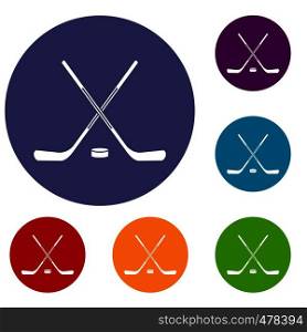 Ice hockey sticks icons set in flat circle red, blue and green color for web. Ice hockey sticks icons set