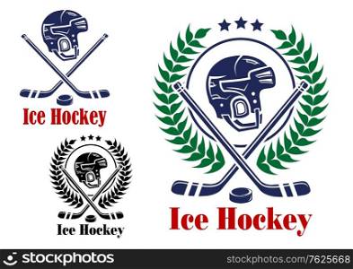 Ice hockey symbol with helmet, laurel wreath, hockey puck and stick, suitable for sporting design