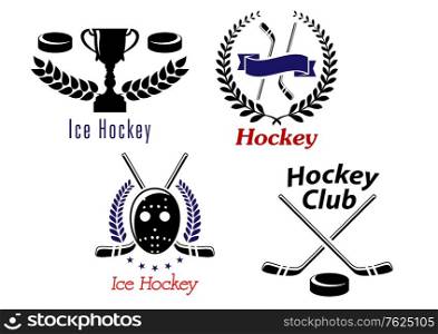 Ice hockey symbols and emblems with ribbons, wreath and sporting elements