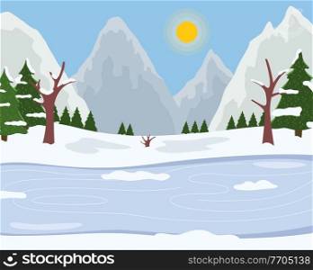 Ice on the river, snowy mountains, bright winter sun, clear frosty sky, spruce with white tops, snowy plains. Winter time, skiing on ice. Flat vector illustrationfor web, applications, games. Winter time, ride on ice, spruces with snowy tops, white mountains, snowy plains, snowflakes
