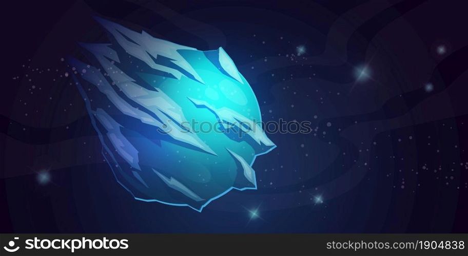 Ice planet in space, galaxy comet with crystal surface, blue frozen globe with glaciers in universe. Fantasy meteor in starry sky. Astronomy object in cosmos, alien world, Cartoon vector illustration. Ice planet in space, galaxy comet with crystals