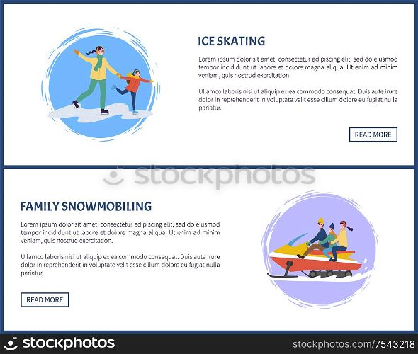 Ice skating and family snowmobiling illustrations with text. Woman holding daughter and going parents with child outdoor. Set of winter activity vector flat style. Ice Skating and Family Snowmobiling Active Vector
