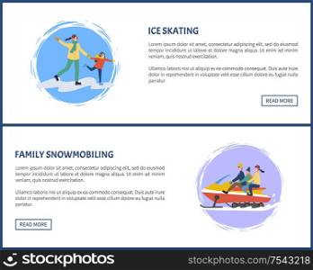 Ice skating and family snowmobiling illustrations with text. Woman holding daughter and going parents with child outdoor. Set of winter activity vector flat style. Ice Skating and Family Snowmobiling Active Vector