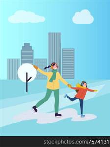 Ice skating of mother and daughter, winter hobby practicing outdoors vector. Park off city, skyscrapers and tree covered with snow. Family days time. Ice Skating of Mother and Daughter, Winter Hobby