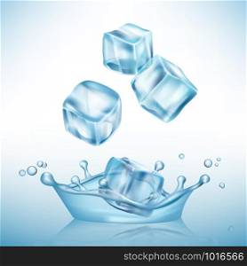 Ice splashes cube. Freeze water puddles and crystal clear ice cube vector realistic background. Ice cube solid in water splatter illustration. Ice splashes cube. Freeze water puddles and crystal clear ice cube vector realistic background