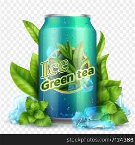 Ice tea background. Realistic can with tea leaves and ice. Product promotion vector mockup. Illustration of green tea drink freshness. Ice tea background. Realistic can with tea leaves and ice. Product promotion vector mockup