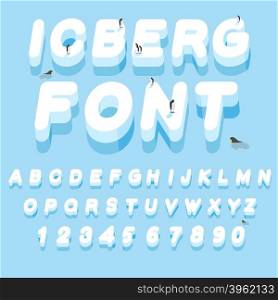 Iceberg font. 3D letters of ice. Ice alphabet letter. ABC of snow. Large cold ice. Penguins Animals of the Arctic. Animals Antarctica. Walruses and seals inocean. Flora of North Pole