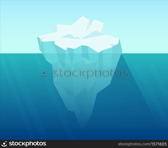 Iceberg in ocean. Underwater block of ice floating from arctic cold compressed snow global climate warming northern water landscape huge white polygon on blue background vector water.. Iceberg in ocean. Underwater block of ice floating from arctic cold compressed snow.