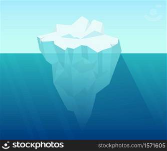 Iceberg in ocean. Underwater block of ice floating from arctic cold compressed snow global climate warming northern water landscape huge white polygon on blue background vector water.. Iceberg in ocean. Underwater block of ice floating from arctic cold compressed snow.