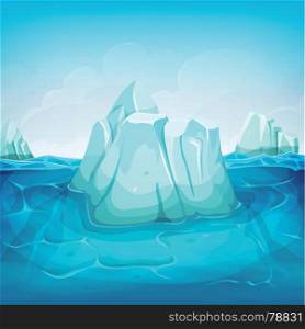 Iceberg Inside Ocean Landscape. Illustration of a cartoon iceberg block floating on deep polar ocean, with water waves behind and blue sky background