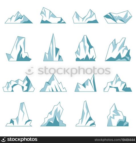 Iceberg. North pole hills winter mountains in ocean freezing ice rock snow recent vector collection. Antarctic north ice freeze, adventure landscape and elements to panorama illustration. Iceberg. North pole hills winter mountains in ocean freezing ice rock snow recent vector collection