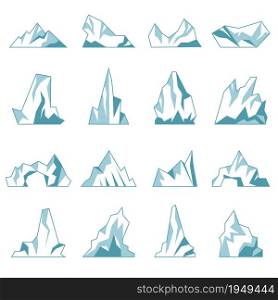 Iceberg. North pole hills winter mountains in ocean freezing ice rock snow recent vector collection. Antarctic north ice freeze, adventure landscape and elements to panorama illustration. Iceberg. North pole hills winter mountains in ocean freezing ice rock snow recent vector collection