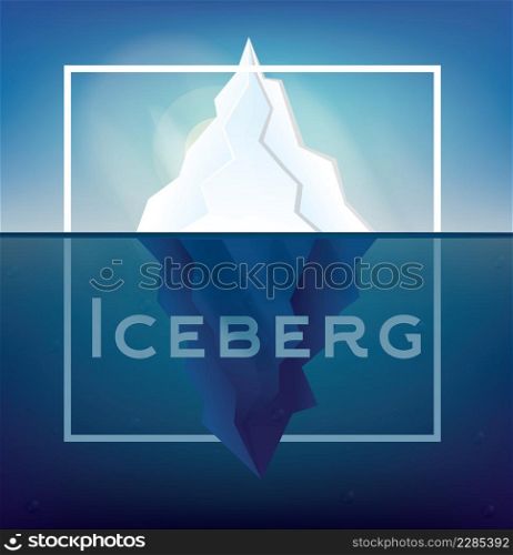 Iceberg on Blue Background. Vector Illustration. Low Poly Iceberg. Iceberg with Underwater Part and White Frame.